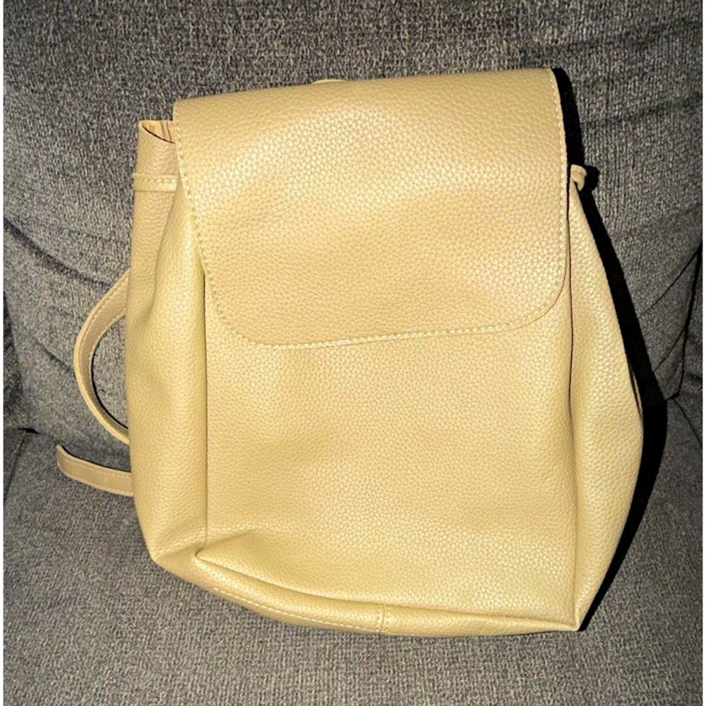 Beige Faux Leather Mini Backpack Zip Closure Inner Pockets Adjustable Strap